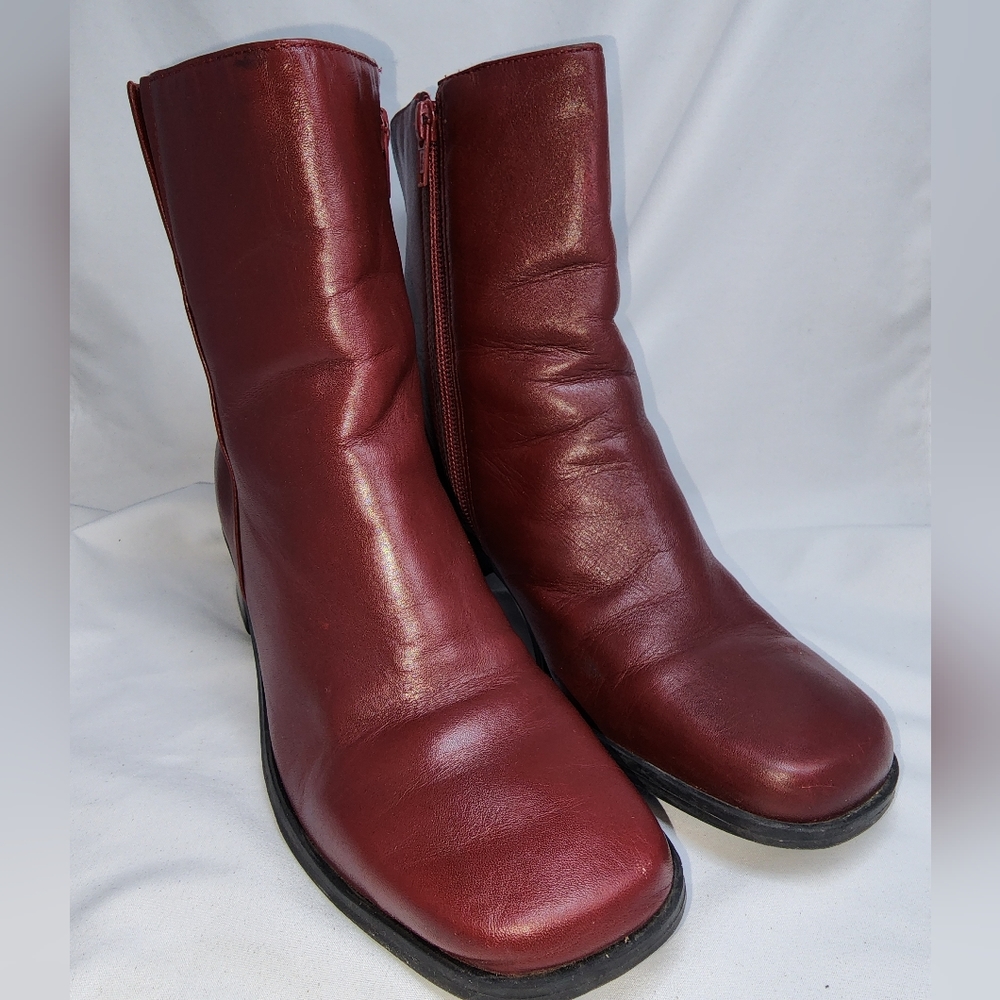 Naturalizer Maroon Red Genuine Leather Block Heel Mid Calf Zip Up Booties Size 8